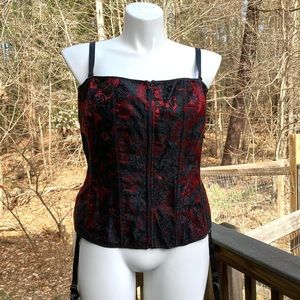 Cacique red/black zip front/lace back gartered bustier with straps 44/2X